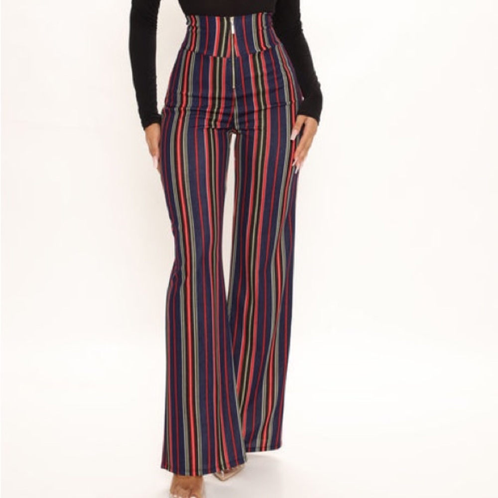 Fashion Nova Striped High Waisted Flare Pants Red Blue Wide Leg Size M
